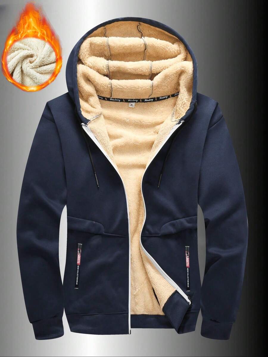 Men's Fashionable Casual Multi-Function Warm Hooded Zip-Up Jacket, Sherpa Lining Casual Hoodie Jacket, Thick Sherpa Full Zip Hooded Sweatshirt, Suitable For Autumn/Winter, Warm Long Sleeve, Men's Warm Wear, Winter Clothing - Navy Blue - View 1