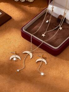 3pcs Set Eid Jewelry Crescent Moon Crystal Tassel Necklace & Asymmetric Earrings, Elegant Minimalist Sparkling Birthday/Holiday/Party Gift For Women - Star and Moon 2-piece Set [Earrings + Necklace] - View 9