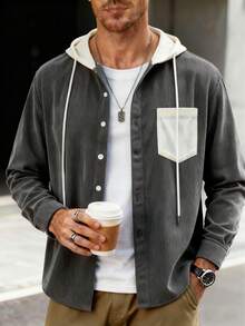 Men's Corduroy Hoodie, Solid Color Casual Streetwear, Contrast Color Patchwork, Minimalist Casual Long Sleeve Drawstring Corduroy Hooded Shirt - Grey - View 2