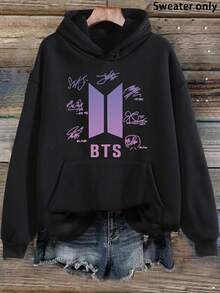 Chaqueta con Capucha Gráfica para Mujeres - Rojo Vibrante  Poliéster de 220gsm Pesado con Cordón y Bolsillos Delanteros, Sudadera Casual Lavable a Máquina para Aficionados del K-Pop - Negro - Ver 6