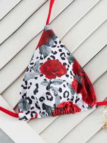 Bộ bikini dây mảnh hở lưng gợi cảm họa tiết hoa hồng và da báo, đồ bơi nữ co giãn cao, buộc dây bên hông. - Đỏ - Xem 4