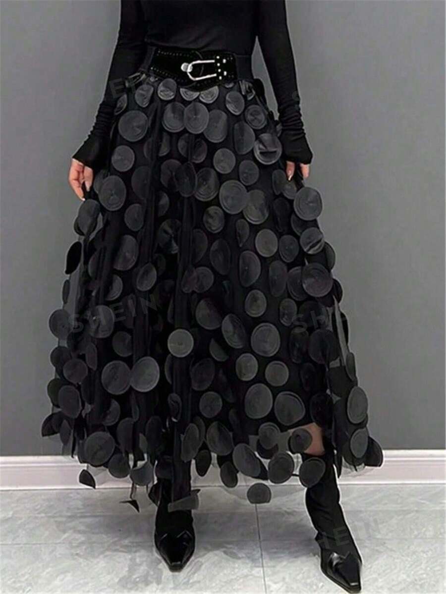 Falda acampanada vintage, falda de tul con lunares de talle alto para mujer, versátil para otoño/invierno - Negro - Ver 1
