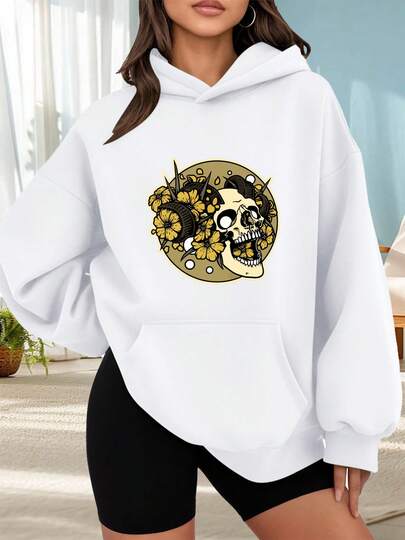 Suéter de moda con capucha al aire libre para mujeres Sudadera con capucha negra con estampado de calavera y flores amarillas para mujer estilo casual urbano Combinar  de citas fuera de casa, regalos de vacaciones,La mejor opción para salir a una cita