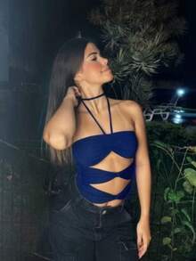 Women's Halter Neck Bodysuit With Cutouts And Tie Detail - Glamour And Sensuality - 藍色 - 查看 2