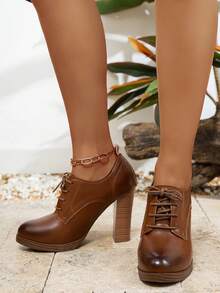 Fashionable High-End Elegant Vintage Minimalist Sophisticated Black Lace-Up Chunky Heel Women's High Heels, Western Style PU Leather Lace-Up Party Shoes