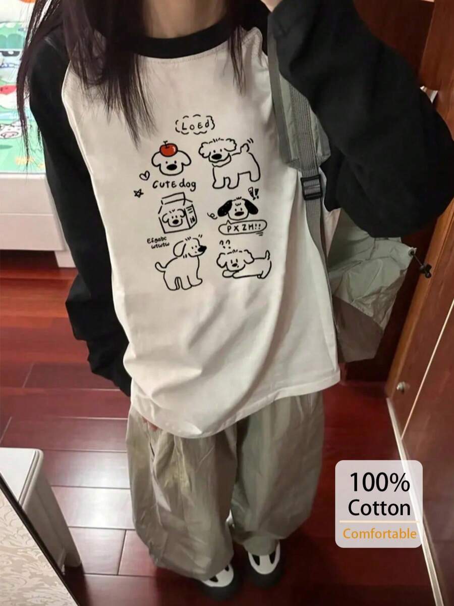 可爱卡通小狗印花宽松长袖T恤，插肩袖圆领休闲秋冬上衣