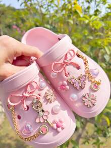 16pcs DIY Hollow Wooden Clogs Accessories, Pink Sequin Rhinestone Angel, Butterfly, Flower, Heart Shape Chain Shoe Charms Decorations, Suitable For Mules, Slides, Garden Shoes, Beach Bags, Removable Ornaments, Holiday Gifts, All Season
