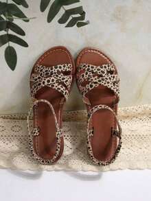 女士新款圆头套脚平底拖鞋，简约搭扣平底凉鞋，时尚简约平底凉鞋，舒适休闲旅行沙滩鞋，有白色、棕色、黑色、豹纹、碎花图案可选，适合夏季穿搭 - 彩色 - 查看 4