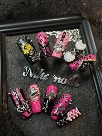 10pcs Long Square Nails,Rose Red&Black&Pink Nail Art,Black French Style,3D Stereo Heart&Fan&Cross&Colored Diamond&Steel Nail&Nail Gemstone Decoration,Hand Drawn Heart&Black Spots&Geometric Patterns,Y2k Style Wearable Nail Art Set,Suitable For Women And Girl For To Wear Daily Parties Valentine's Day (Includes: A Piece Of Jelly Glue And A Friction Strip)