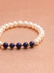 1条18K镀金天然珍珠紫水晶弹力手链，母亲节、情人节、生日、婚礼、订婚、新娘礼物 - 青金1 - 查看 2