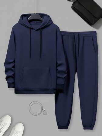Men's Plus-Size Hooded Sweater Set, Solid Color Comfortable Fabric, Machine Washable, Plus-Size Men's Wear.