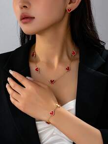 4件套时尚优雅心形金红首饰套装，包括项链、手链、耳环，适合女性日常佩戴，是情人节、送给女友、母亲的最佳礼物（不含礼盒） - 紅色 - 查看 2