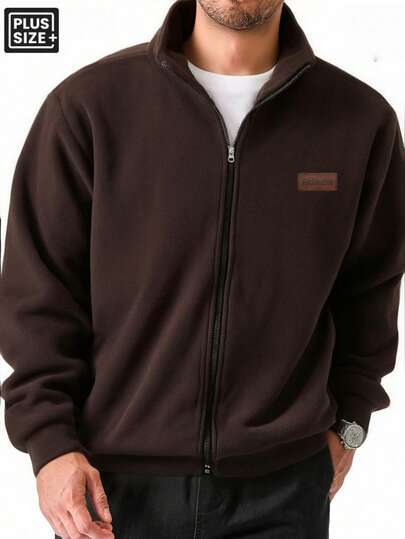 Plus Size Men's Jacket For Autumn/Winter, Made Of Comfortable Fleece Fabric, Thickened Stand Collar Design, Full Size Range, Suitable For Layering, Casual Wear, Outdoor Sports; An Ideal Christmas Gift.