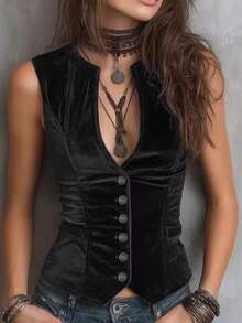 Blusa feminina estilo boho retrô sem mangas em veludo, com decote em V, modelagem justa e cintura marcada. Elegante e discreta, com botões de metal, ideal para o dia a dia e encontros românticos na primavera/verão. - Preto - Ver 1