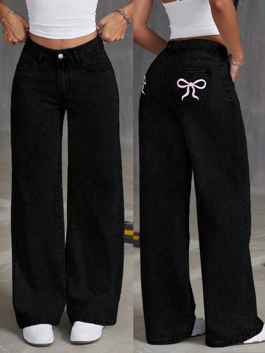 Teen Girls' Loose Butterfly Print Denim Wide Leg Pants - Black - View 1