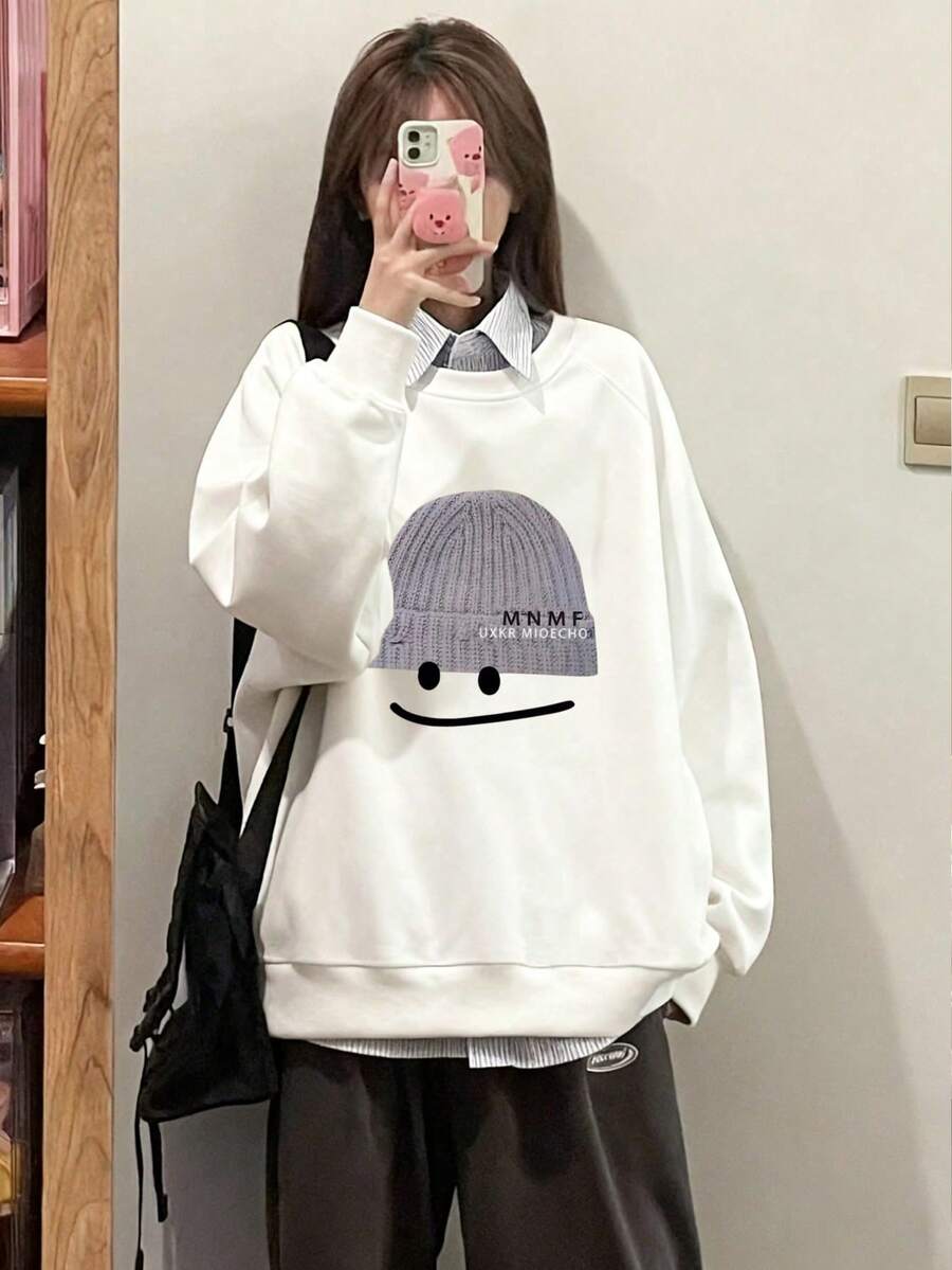 女士休闲宽松笑脸卡通印花圆领卫衣，适合秋冬季穿着 - 白色 - 查看 1