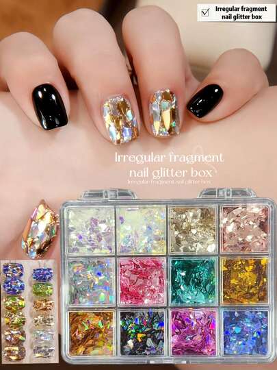  KIRAME 12色高品质不对称亚克力闪粉，适用于美甲、DIY美甲、美甲沙龙、美甲用品、圣诞美甲、新年美甲、节日礼物美甲