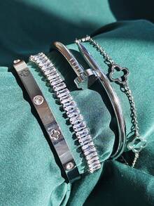 4pcs Luxury Stainless Steel Rhinestone Clover & Star Bangle Bracelet Set, Vintage Elegant Jewelry Suit For Women, Suitable For Daily Wear, Gift, Party, Fashionable Christmas Present - Gold - View 31