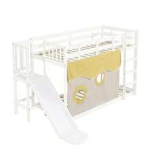 Wooden Bunk Bed With Ladder And Railing, With Curtain, Slide, Children's Bed With Fall Protection And Railing, MDF+Pine, White, 90x200cm - 白色 - 查看 11