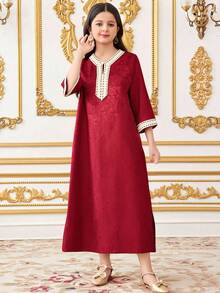 Vihyde 1pc Tween Girl Wine Red Floral Trim Collar 3/4 Sleeve Slit Jacquard Dress - Burgundy - View 2