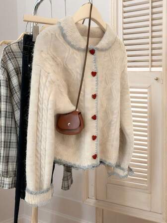 JIANHU Sweet Heart Button Knit Cardigan, Vintage Cable Sweater For Christmas & Winter Gifts