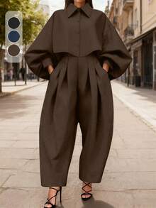 两件套女士休闲街头风套装，短款上衣+夸张阔腿裤，不规则设计长袖卫衣+哈伦裤套装，适合通勤/商务/办公穿着，春秋季 - 巧克力棕 - 查看 2