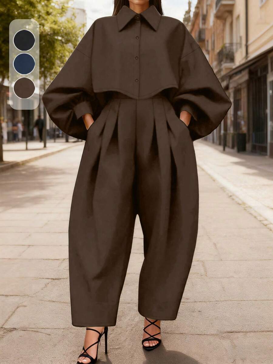 两件套女士休闲街头风套装，短款上衣+夸张阔腿裤，不规则设计长袖卫衣+哈伦裤套装，适合通勤/商务/办公穿着，春秋季