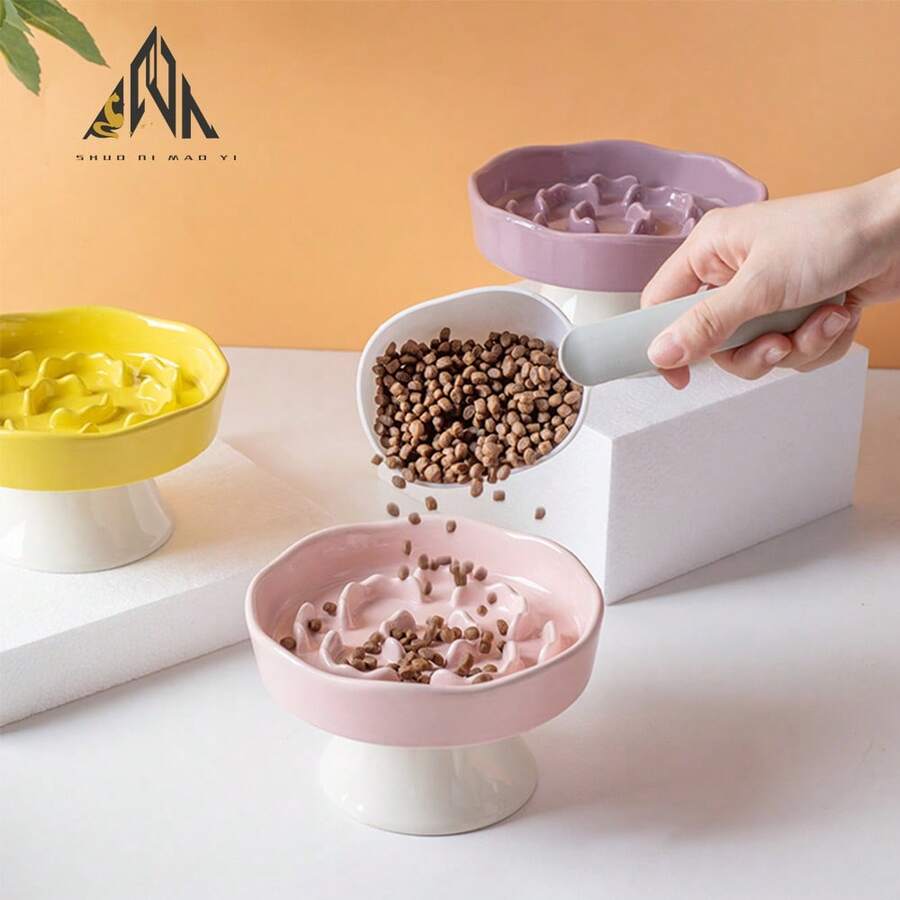shuo ni mao yi 宠物陶瓷花形慢食盘，猫粮狗粮盘，罐头食品盘，附赠勺子，防噎慢食设计 - 300ml - 查看 1