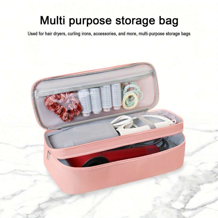 Women's Hair Dryer & Curling Iron Storage Bag - Double Layer Large Capacity Pink Zipper Travel Case, With Compartment For Hair Tools, Durable Nylon Portable Straightener Holder, Suitable For Curling Iron, Straightener, Hair Dryer - Multicolor - View 1
