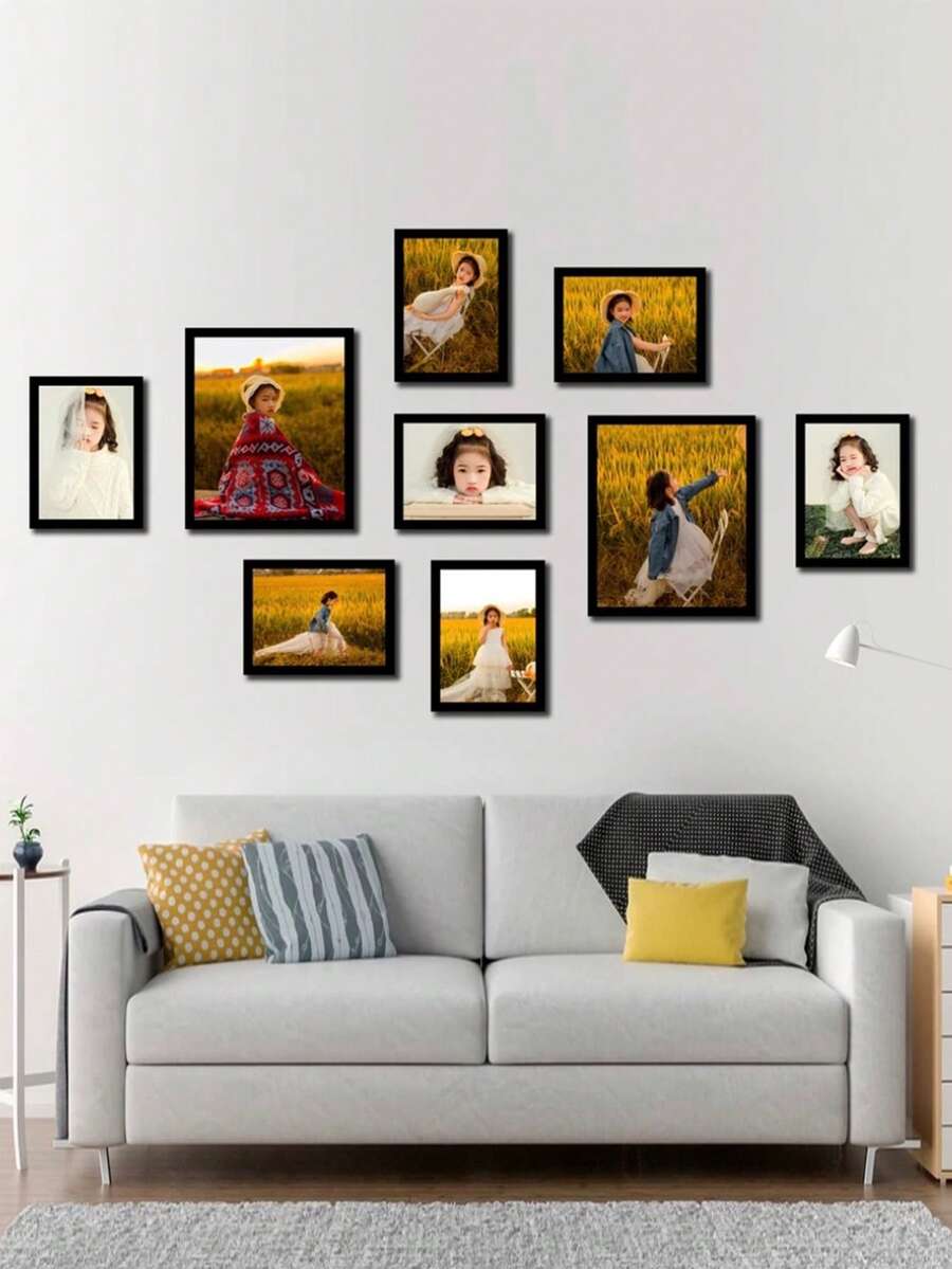 9件套现代简约相框墙面装饰套装，无框创意组合相框，适用于客厅，无需钻孔 - 彩色 - 查看 1