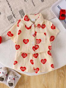 2pcs Baby Boy Casual Heart Pattern Short Sleeve Shirt + Shorts Set, Holiday Spring/Summer - Apricot - View 2