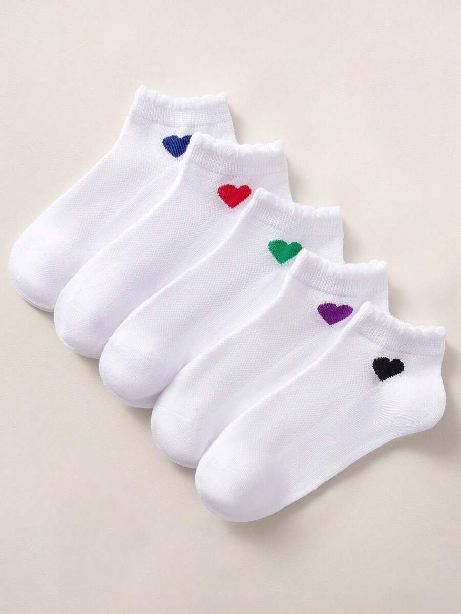 5 đôi tất trẻ em mùa xuân/hè, tất cổ ngắn mềm mại và thoải mái, họa tiết trái tim gân nổi, phù hợp cho mặc hàng ngày, đi học, trường học, trang phục thể thao, lớp học, học kỳ mới, học sinh, ngày Valentine. - trắng - Xem 1