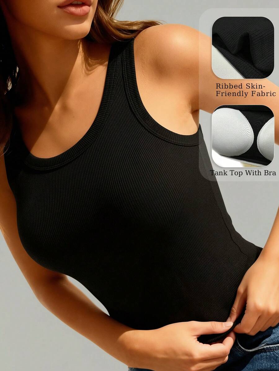 1pc Basic Solid Color Camisole With Built-In Bra, Sleeveless Round Neck Tank Top - Black - View 1