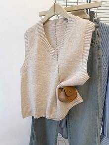 JIANHU Light Gray V-Neck Knit Sweater Vest - Fall/Winter Layering With Contrast Stitch Detail, Christmas Office Party & Casual Weekend - Apricot - View 10