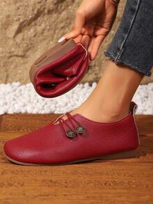 Solid Color Casual Buckle Outdoor Soft Leather Flat Round Toe Slip-On Fashion Loafers - Red - View 4