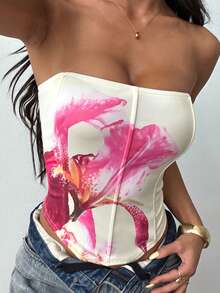 1 Peça Regata Assimétrica/Assimétrica com Estampa Floral em Tecido de Malha, Adequada para Festa de Aniversário, Festa de Volta às Aulas, Festa de Solteiros, Casamento na Praia, Verão - Amarelo - Visão 3