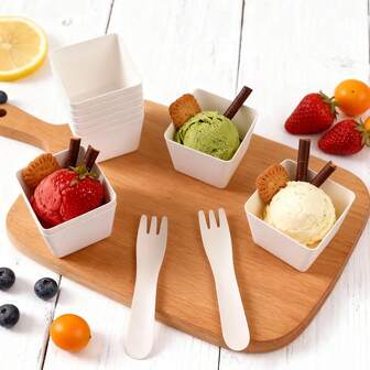 50/20/10 piezas Juego de mini tazas cuadradas de caña de azúcar - Con cucharillas de 5.5"(14cm), tazas para postres de helado, ideal para bodas, San Valentín, fiestas de cocina, uso doméstico, de hotel, restaurante y días festivos