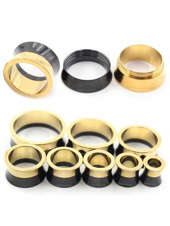 1 pieza Túnel de carne de oreja de acero inoxidable de color negro y dorado de 8-25 mm, expansor, dilatador con reborde, calibradores, pendiente, joyería corporal
