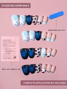 24片短椭圆形3D凝胶美甲贴纸，图案包括奶牛纹、蓝色法式美甲、豹纹、波点和3D凝胶星星设计、粉色公主风，完美适配亚克力甲片，包含1瓶果冻胶和1把指甲锉，适合女性和女孩日常、旅行和派对美甲。 - 查看 3