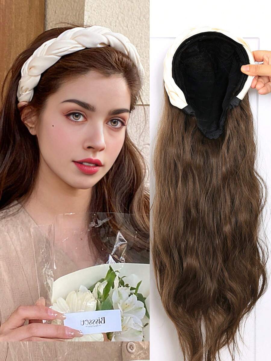Large Wave Synthetic Wig With White Braided Headband - 22-Inch Removable Synthetic Hair, Easy To Wear, Long Wave Top For Everyday And Party Use (Natural Black, Brown)