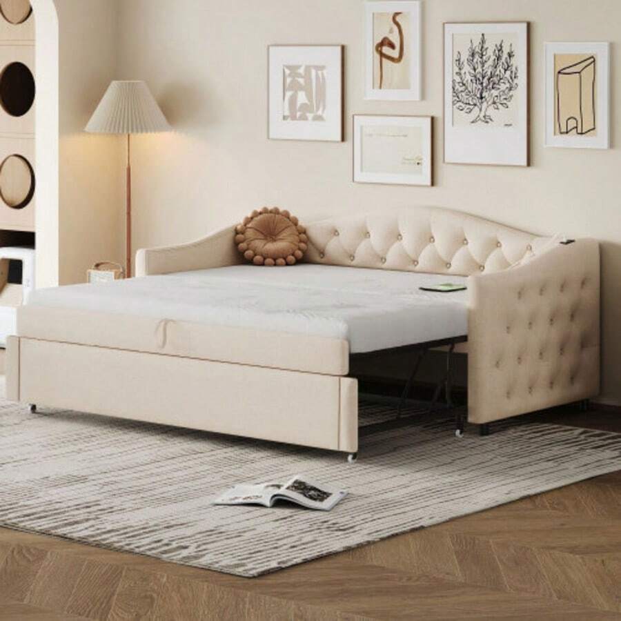 Polsterbett Ausziehbares Schlafsofa, 90*200 Cm, Mit USB-Anschluss, Klassische Form Mit Knöpfen Mit Lattenrost, Multifunktionsbett - Gästebett, Leinenstoff, Beige (Matratze Nicht Enthalten) - Beige - View 1