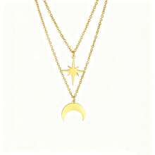1 Set Collar de capas de oro para mujer, colgante de estrella & luna, chapado en oro de 18K, adecuado para regalos, accesorio de collar exquisito para uso diario & festivo - Dorado - Ver 6