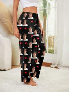 Customized Women's Pajama Pants, Unique Couple's Portrait, Couple's Face Replacement And Pet Face Swap, Holiday Atmosphere - Celebrity Portrait Fan Merchandise - Black - View 3