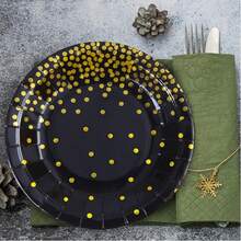7-Inch/9-Inch Disposable Gold Foil Polka Dot Black Paper Plates, Leak-Proof Thickened Paper Plates | 3-Second Cleanup | Party Disposable | Camping & Household Stocking | Cake Plates, Birthday Party, Holiday Events, Graduation, Thanksgiving, Christmas Tableware - Black Combination With Gold Foil Polka Dots - View 3