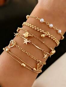 6件套心形和星形可叠戴手链套装，可搭配日常穿搭和派对配饰 - 6件愛心星星造型疊戴手鍊套裝 - 查看 4