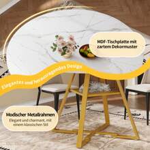 Round Dining Table (1 Piece) Kitchen Table Breakfast Table Metal Legs Marble Look Black/White - White - View 7