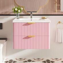 Wall-Hung Vanity Unit With One Basin And Double Storage, Made Of Water-Resistant MDF, Stain-Resistant Ceramic Basin, Melamine Surface Without Lacquer, Space-Saving, Pink - Pink - View 4