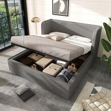 Upholstered Double Bed 180x200 With Hydraulic Storage, Black Frame With Slatted Base, Wide Side Panels And Removable Grey Linen Cover (Mattress Not Included) - Gray + Linen - View 11