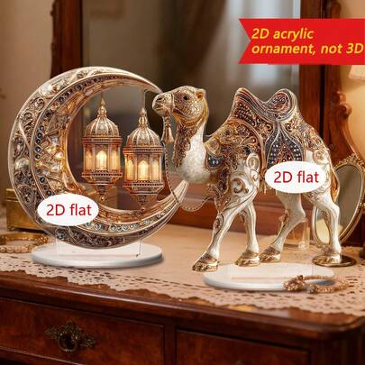 1/4件装波西米亚亚克力摆件，2D扁平金色月亮灯笼骆驼茶壶造型，适用于家居桌面装饰、穆斯林伊斯兰节日派对用品、客厅卧室办公室置物架展示、艺术工艺品。