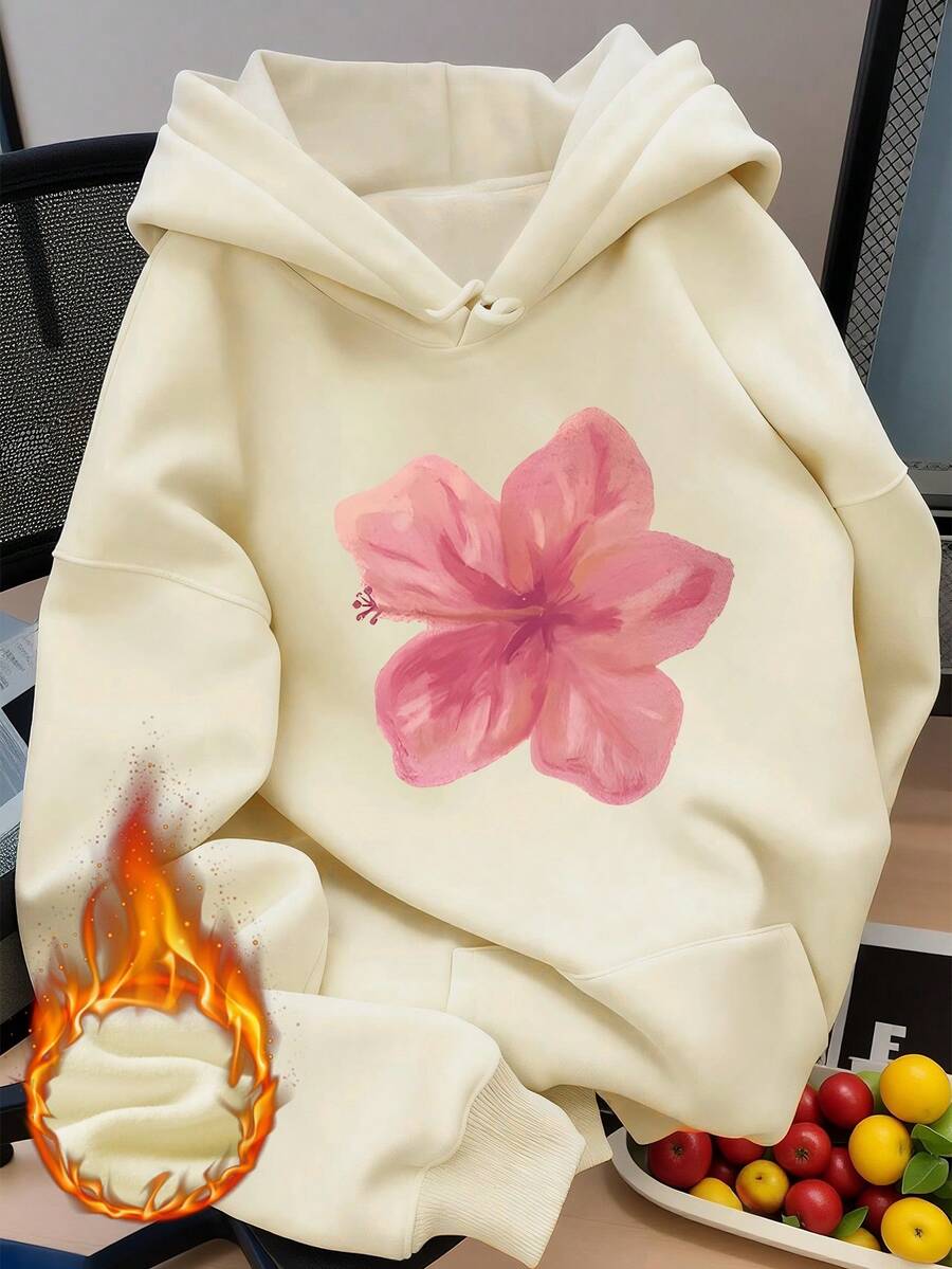 女士冬季花卉图案长袖抽绳卫衣，带口袋，休闲宽松百搭，适合假日穿着，时尚冬季女装，日常穿着也十分合适。 - 淺杏 - 查看 1